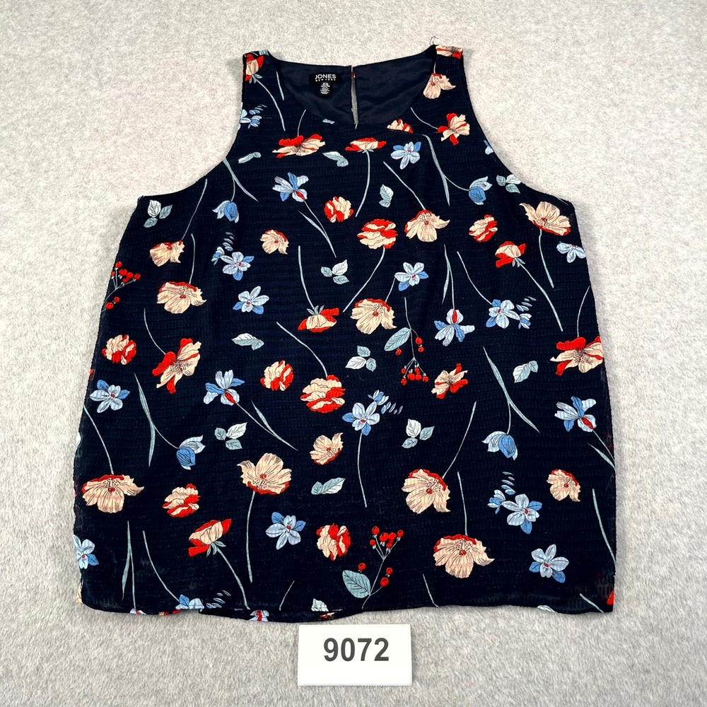Jones New York Blouse Top Womens XL Navy Blue Floral Scoop Neck Keyhole Back